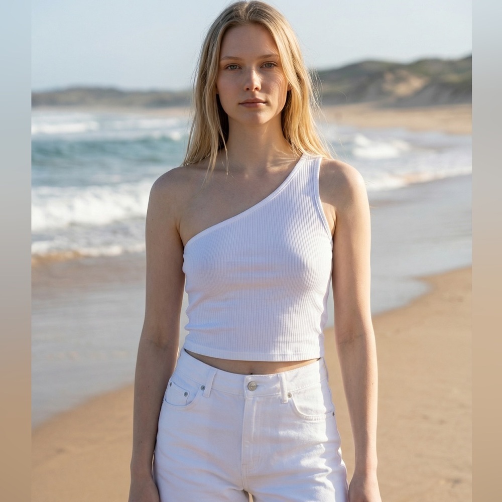 White One Shoulder Ribbed Crop Top | Size S